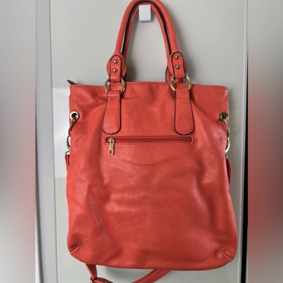 Coral Orange Vegan Leather Gold Studded Oversized Tote Bag With Adjustable Strap - Picture 6 of 16